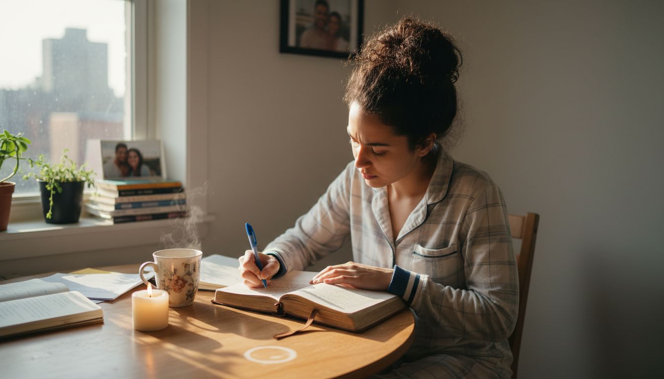 Woman journaling at kitchen table in morning