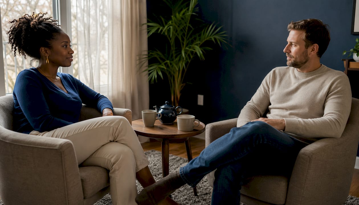 Mixed couple in calm therapy environment