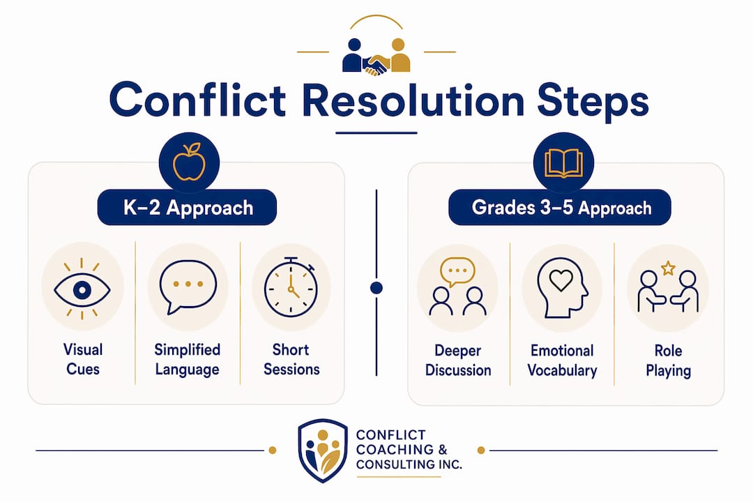 Infographic comparing K–2 vs Grades 3–5 conflict resolution approaches