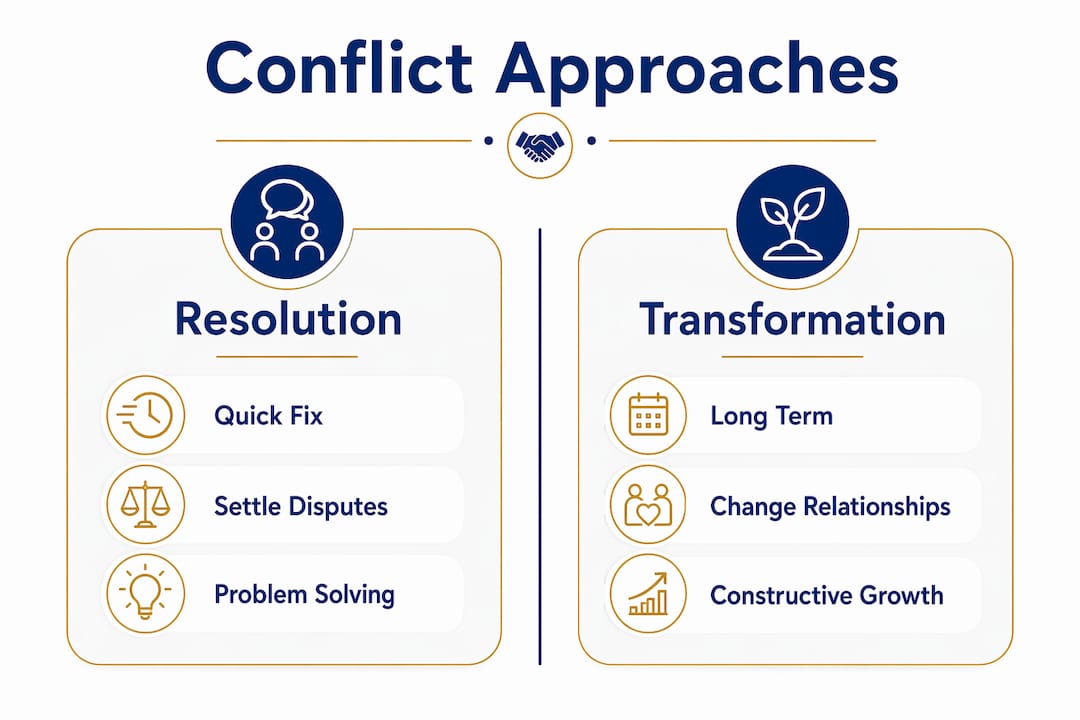 Infographic comparing conflict resolution and transformation