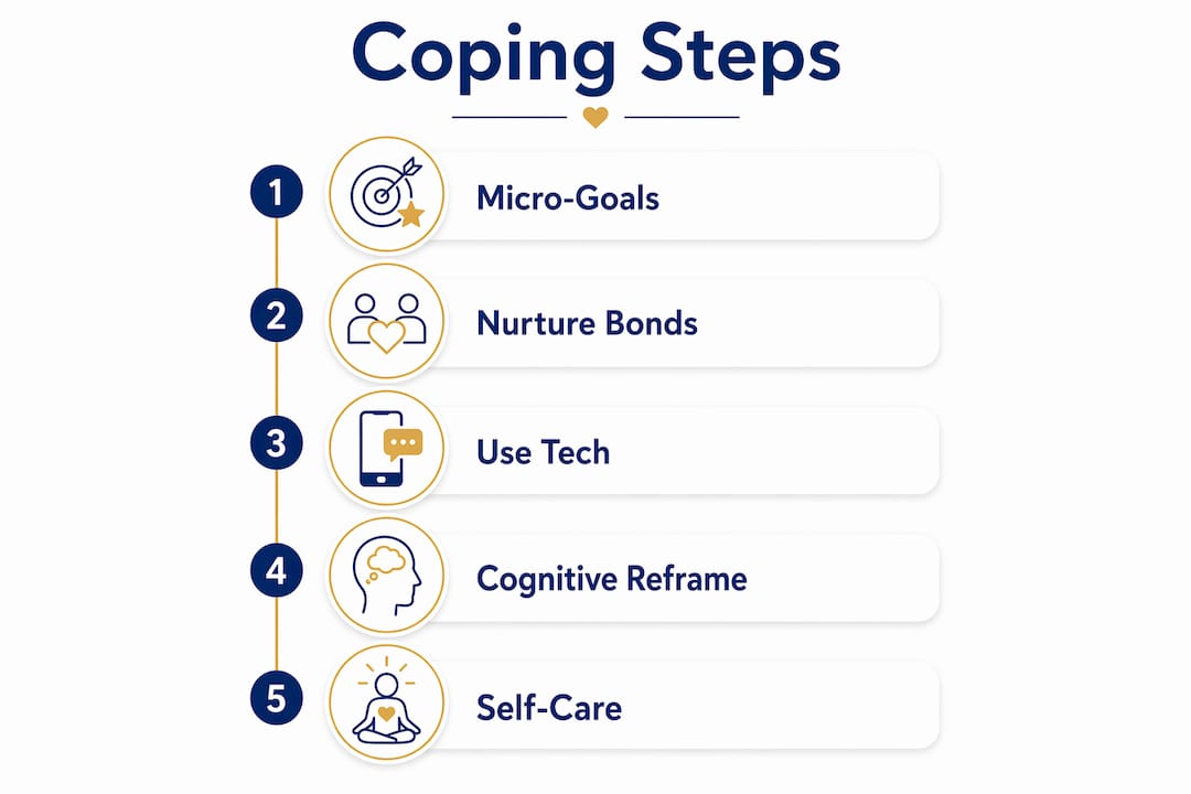 Infographic illustrating steps to cope with isolation