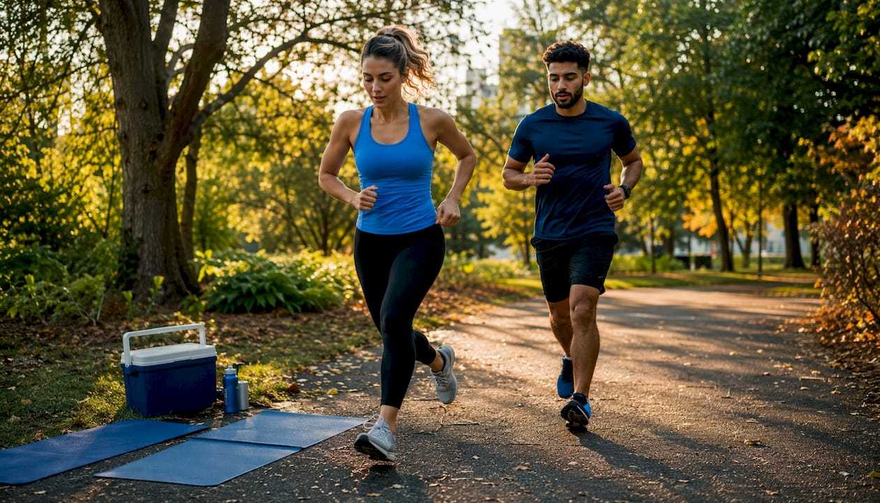 Mixed couple exercising together outdoors for anger management