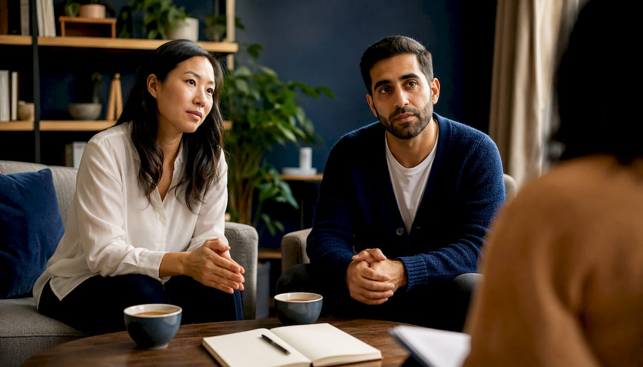 Mixed couple listening to clinician in bright home setting