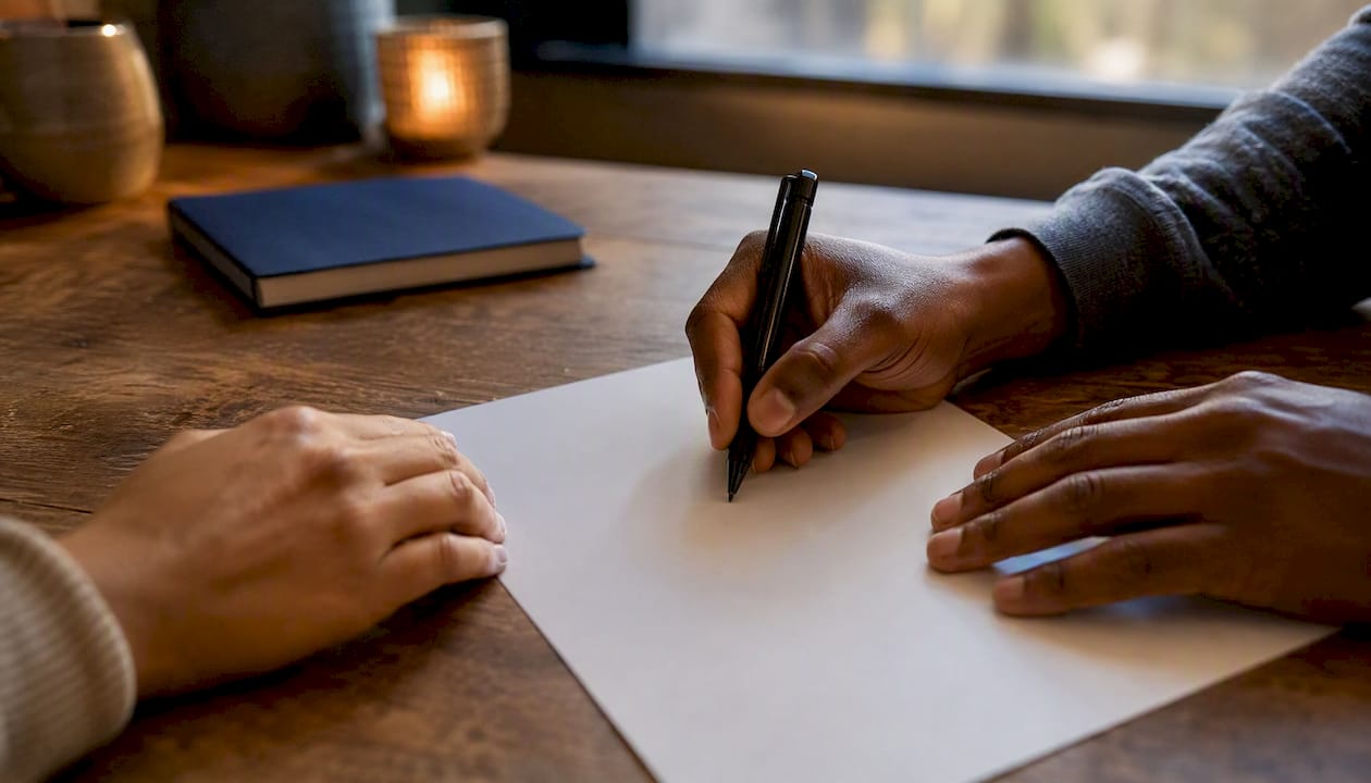 Hands writing behavior-based mediation goals on paper