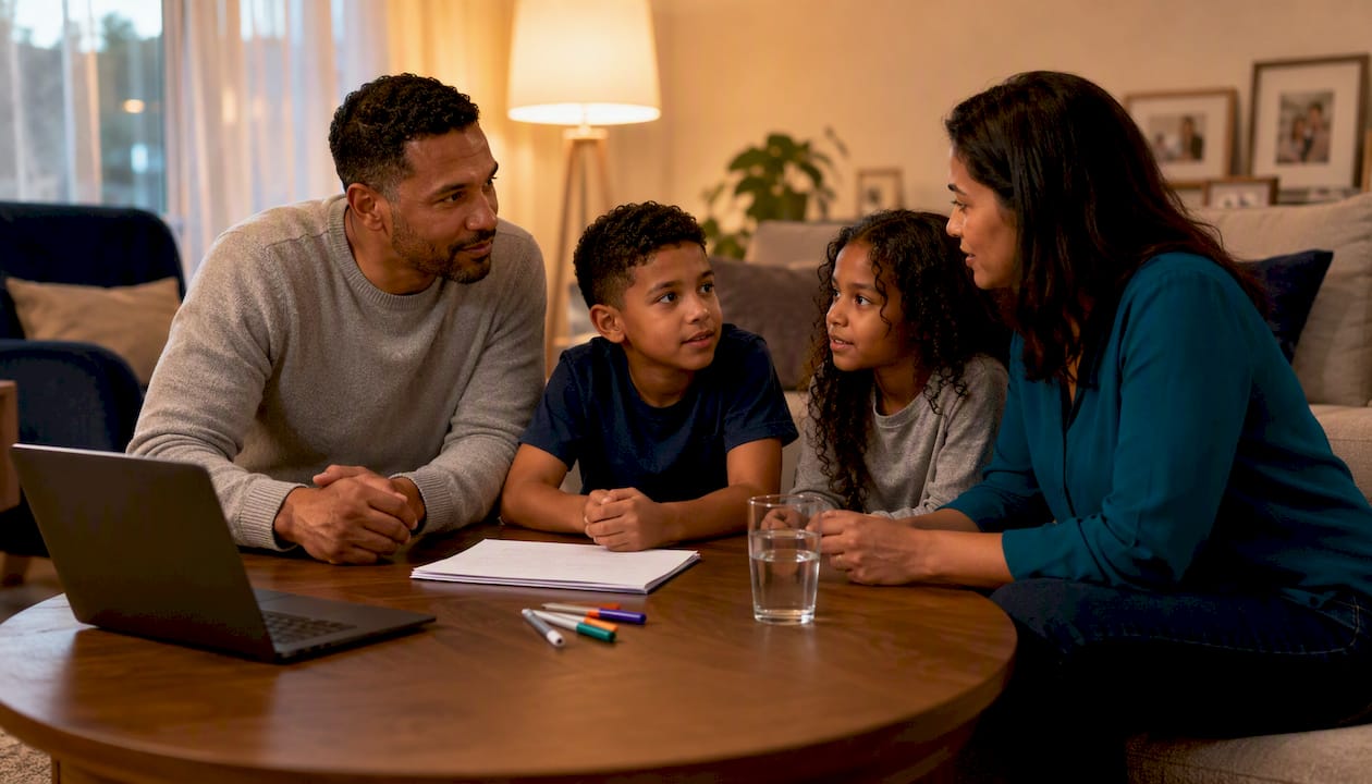 Mixed-race family in mediation session around table at home