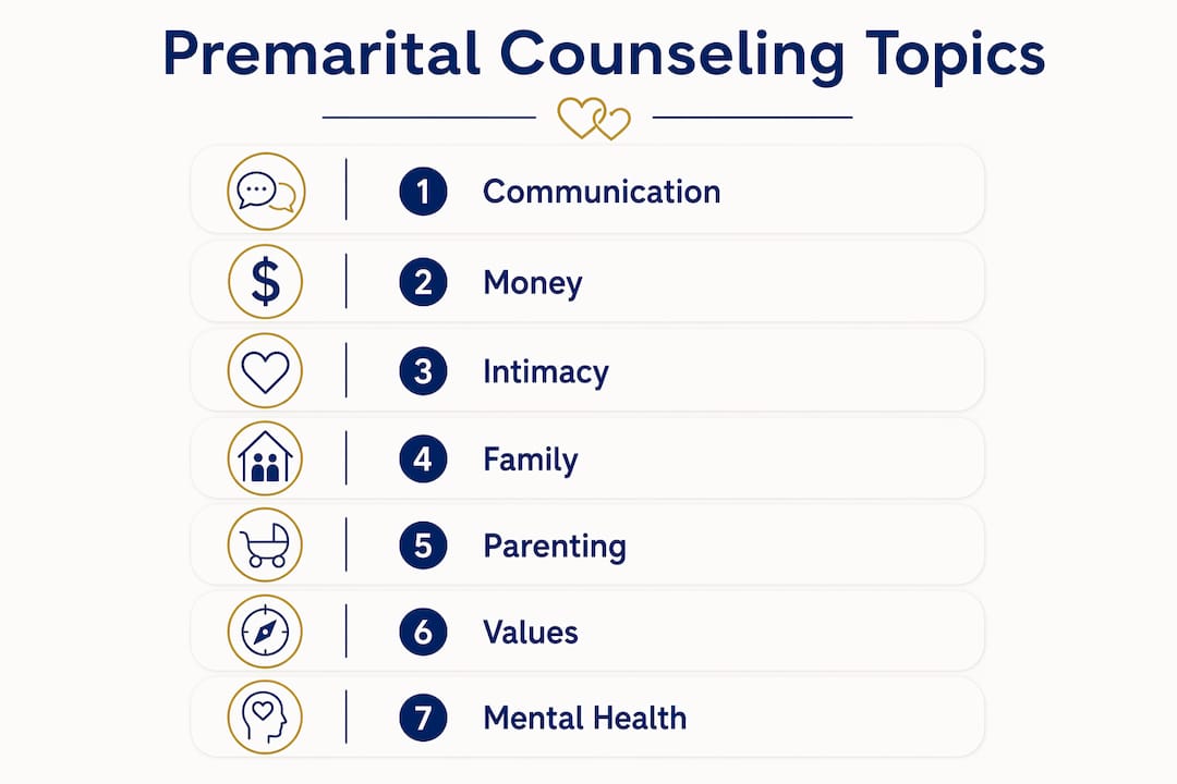 Infographic showing major premarital counseling topics in vertical steps