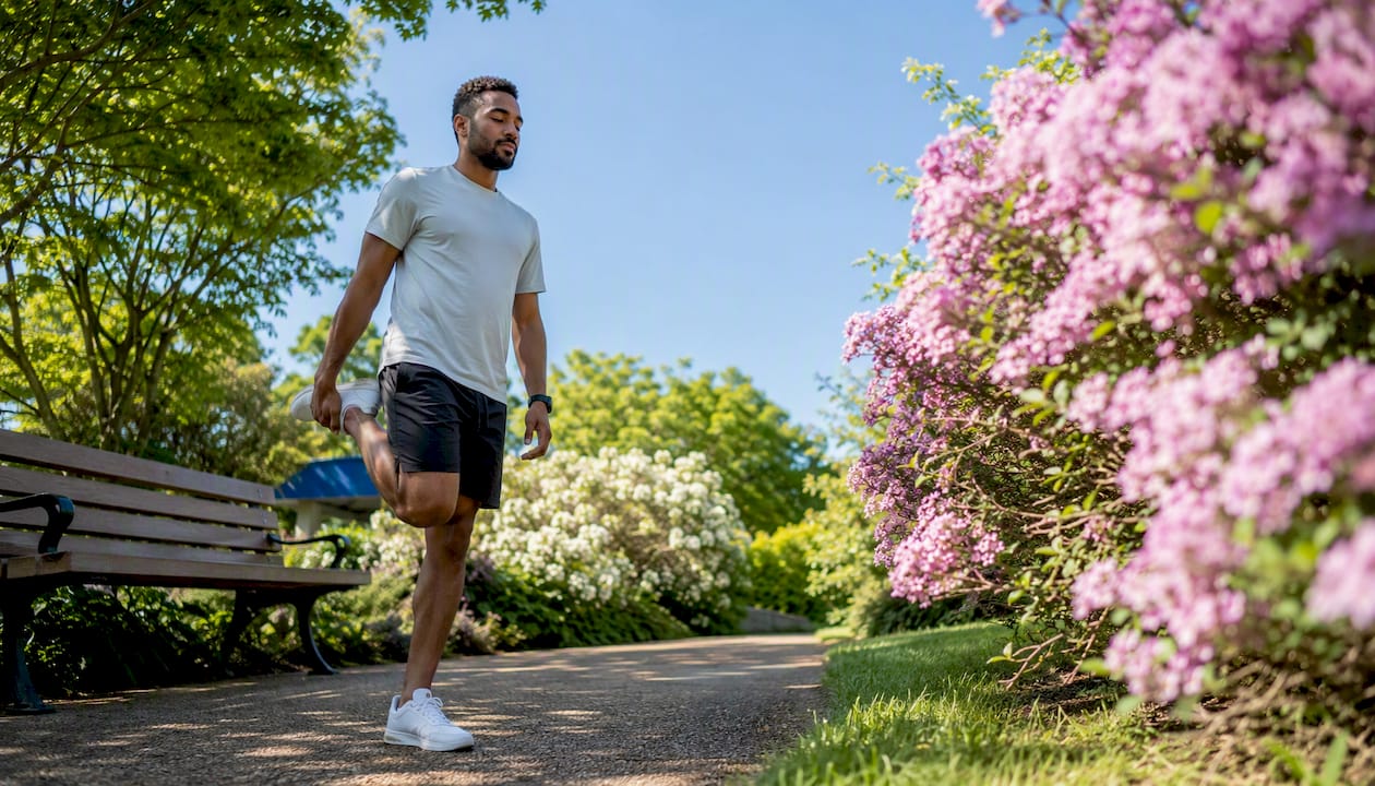 Person gently exercising outdoors at dawn