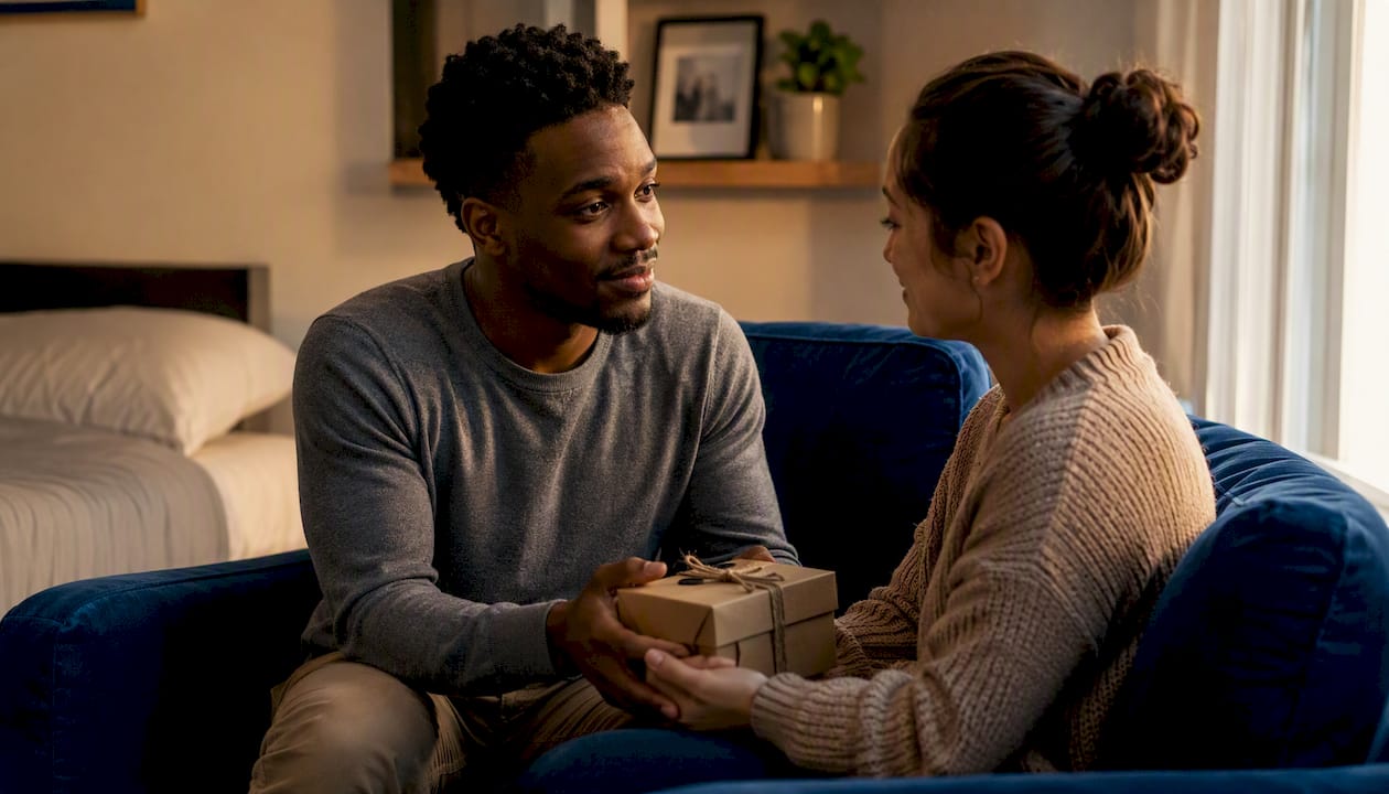 Couple exchanging apology gift