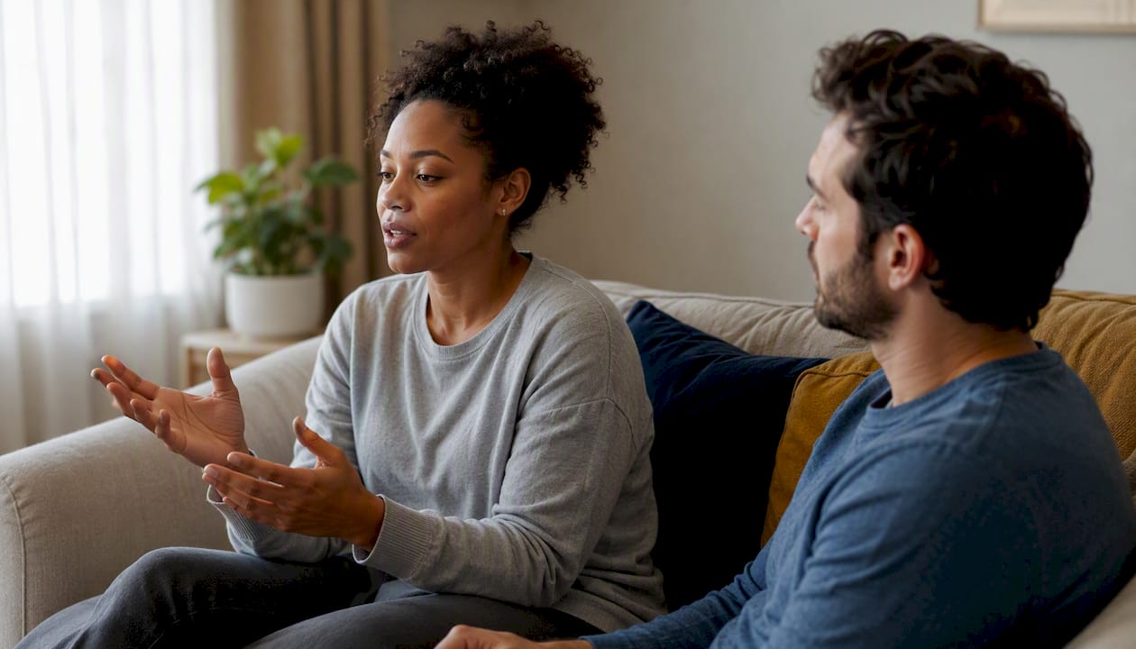 Mixed couple practicing calming phrases