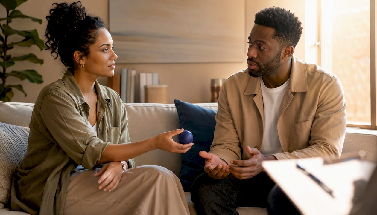 Mixed couple practicing communication skills in therapy