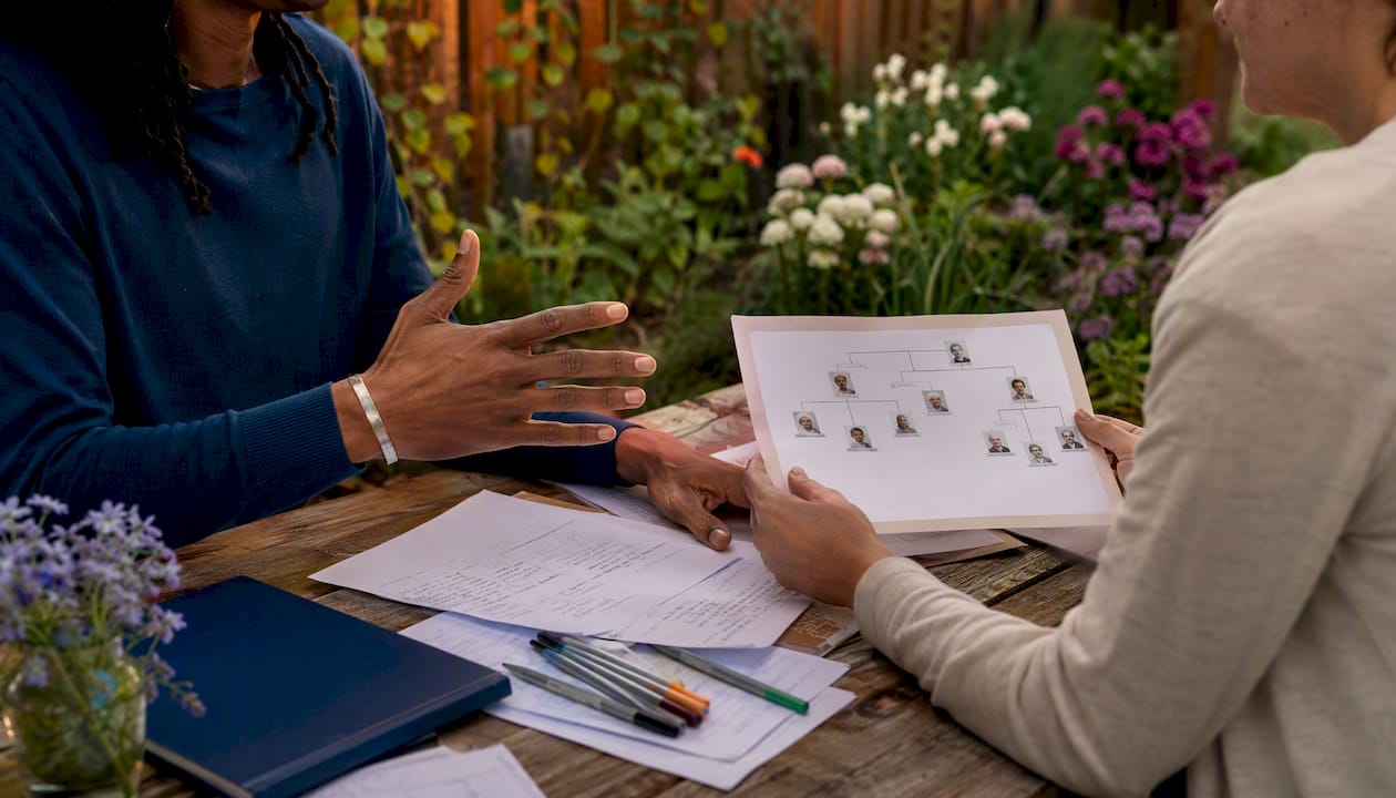 Close-up of mixed couple hands sharing family history notes