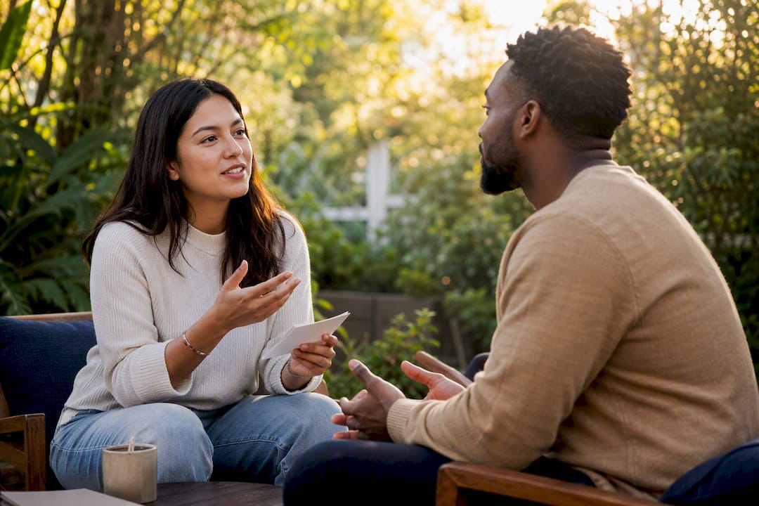 Two adults practicing communication gestures in therapy