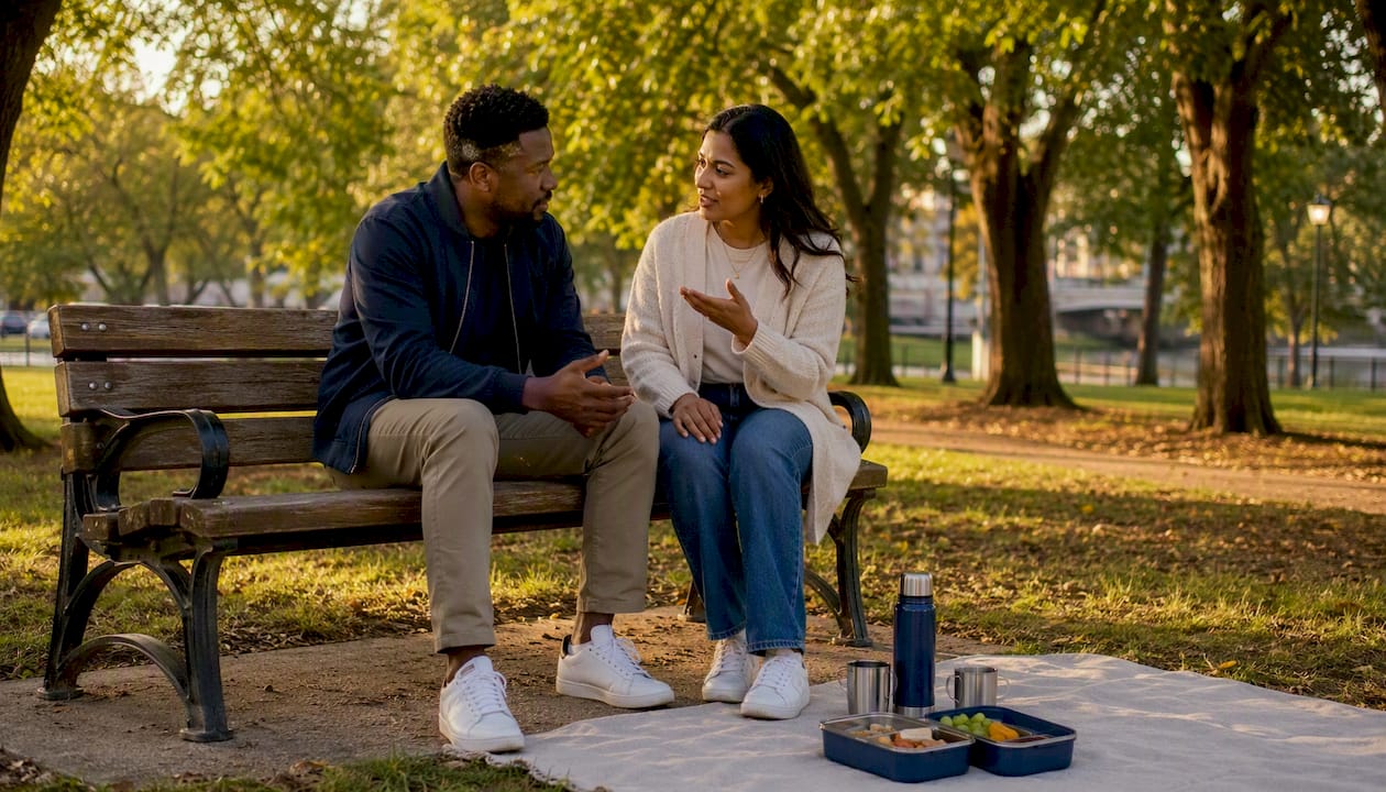 Mixed couple discussing scripted emotional dialogue