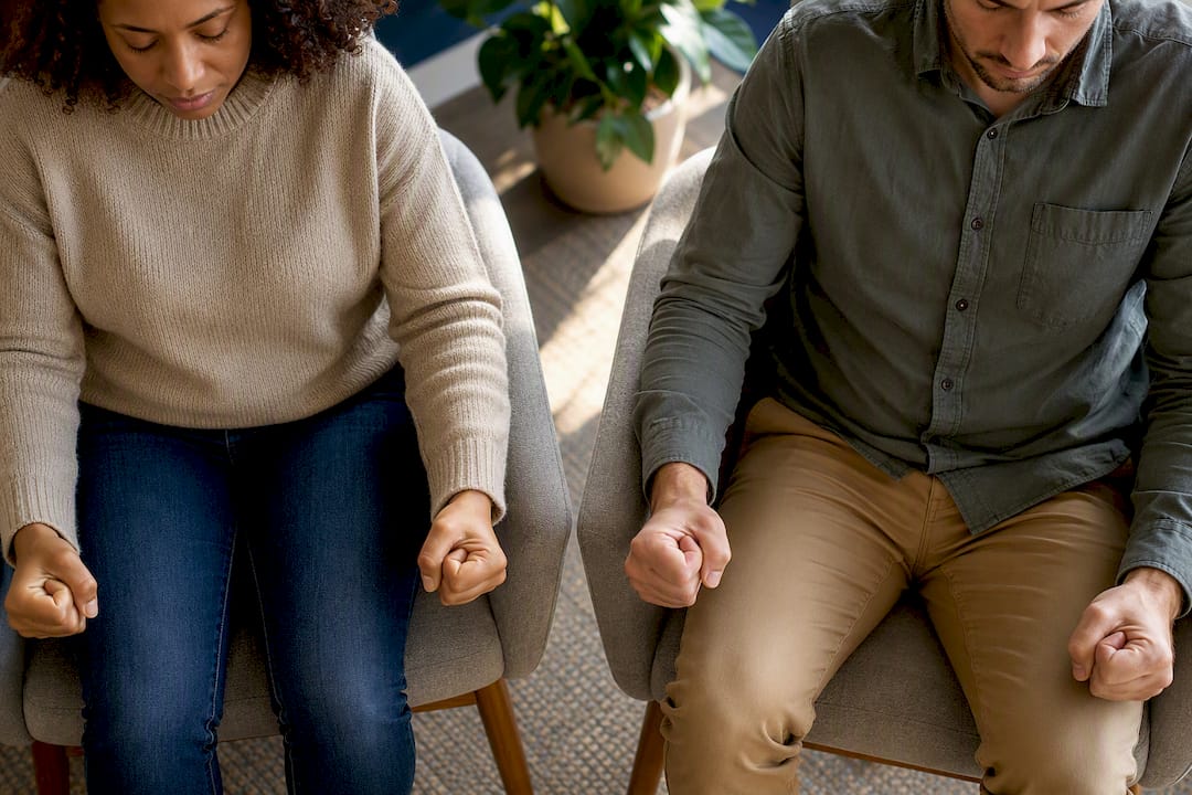 Mixed couple practicing progressive muscle relaxation