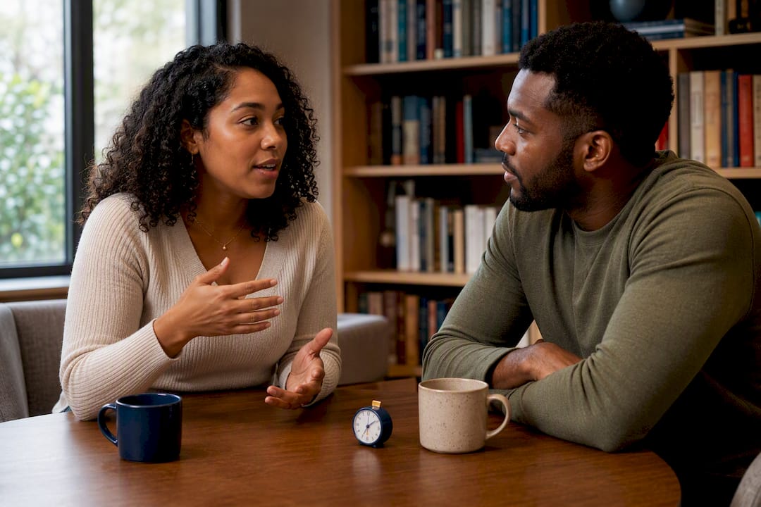 Mixed couple rehearsing a timeout phrase