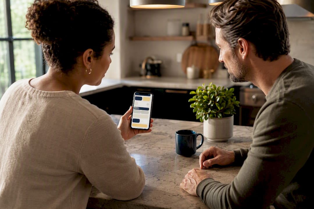 Mixed couple reviewing shared co-parenting app