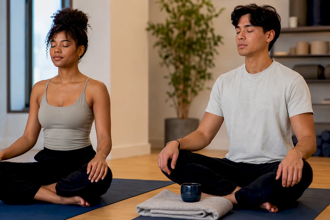 Mixed-race students practicing paced breathing