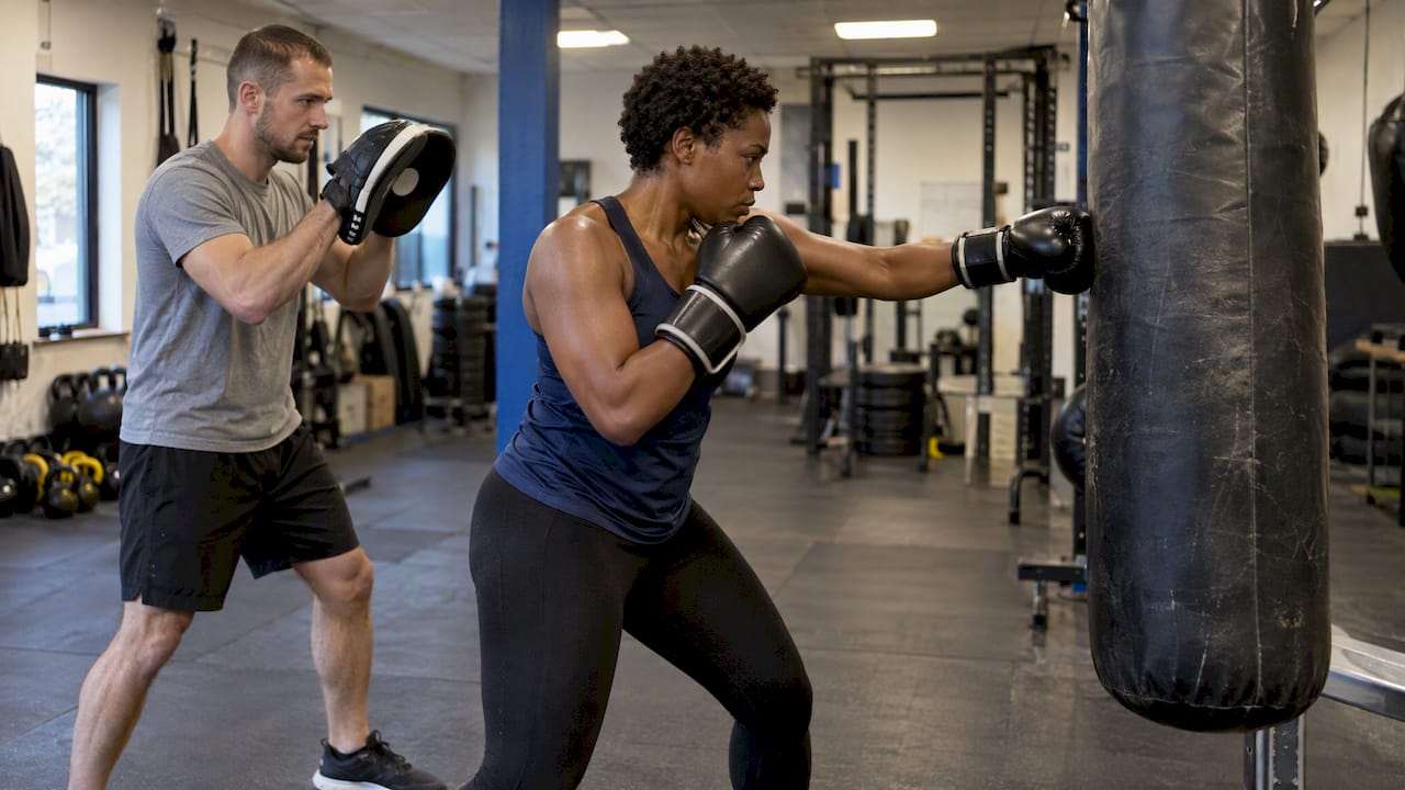 Mixed couple practicing boxing at a gym