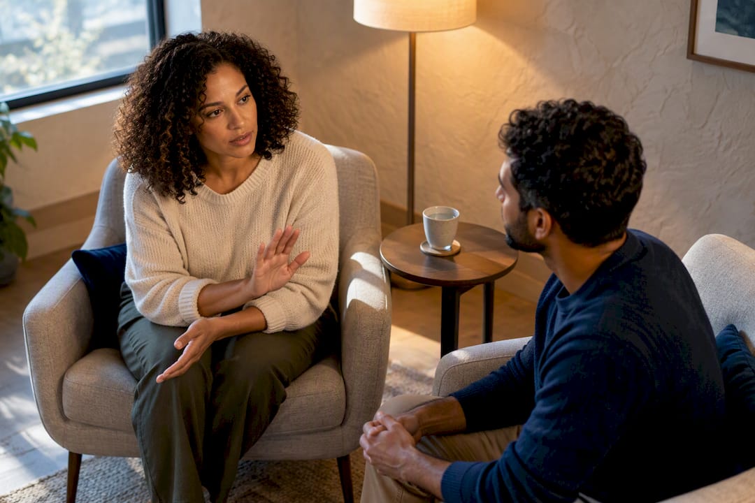 Mixed couple practicing an agreed conflict pause